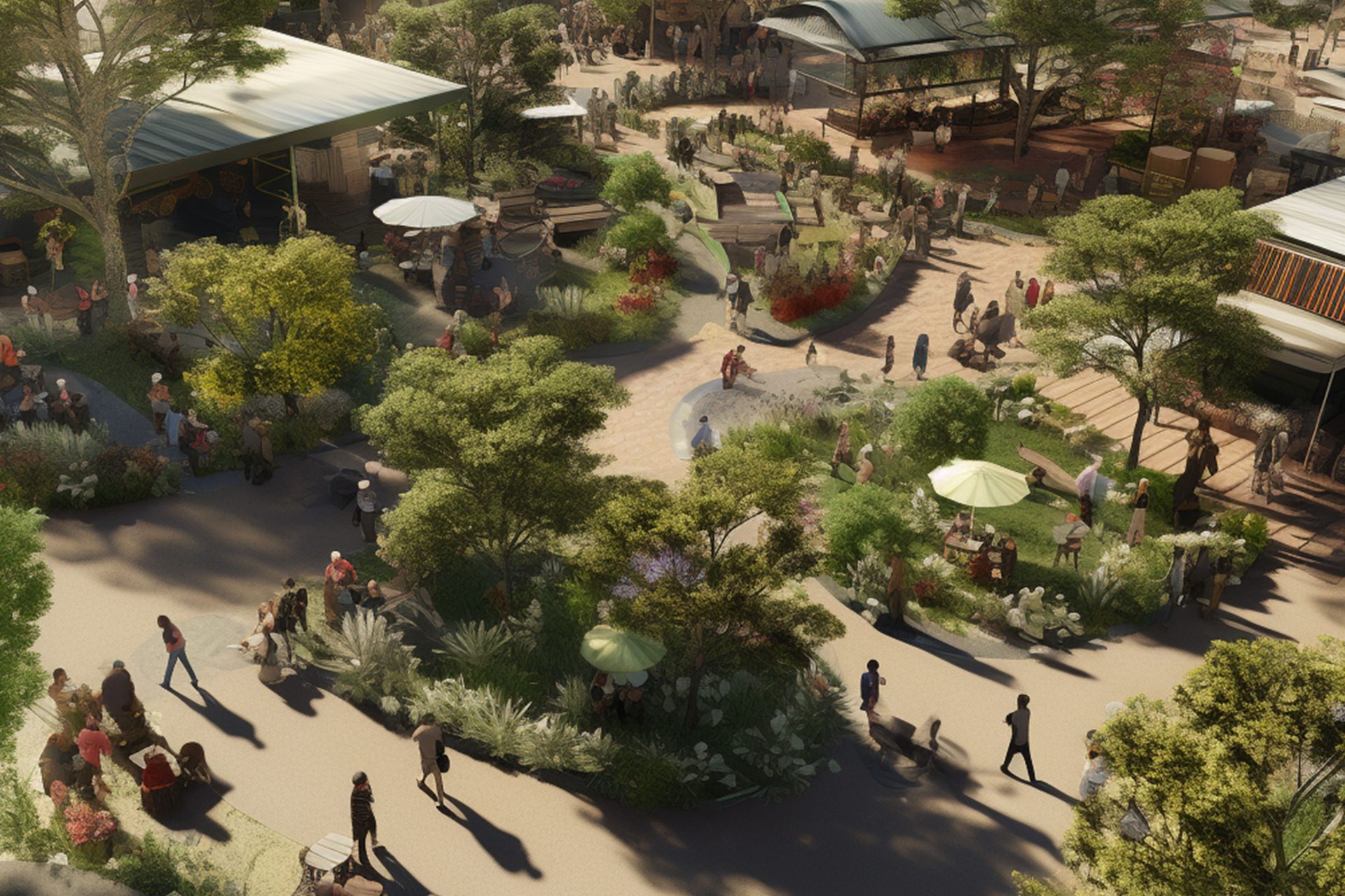 A bustling outdoor market scene viewed from above, featuring numerous people strolling among lush greenery, trees, and vibrant plants. As part of the masterplan for Rocksberg's landscape, several market stalls and shaded seating areas with umbrellas are scattered throughout the area.