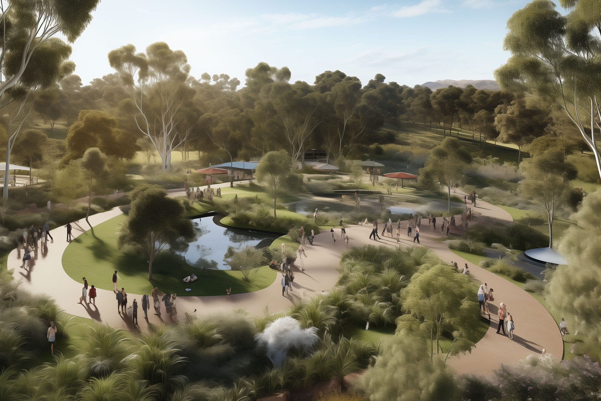 An aerial view of Rocksberg Park reveals a masterplan of winding paths, lush trees, bushes, and a small pond. Groups of people are walking, sitting, and enjoying the beautifully curated landscape under the clear sky, suggesting a pleasant day.