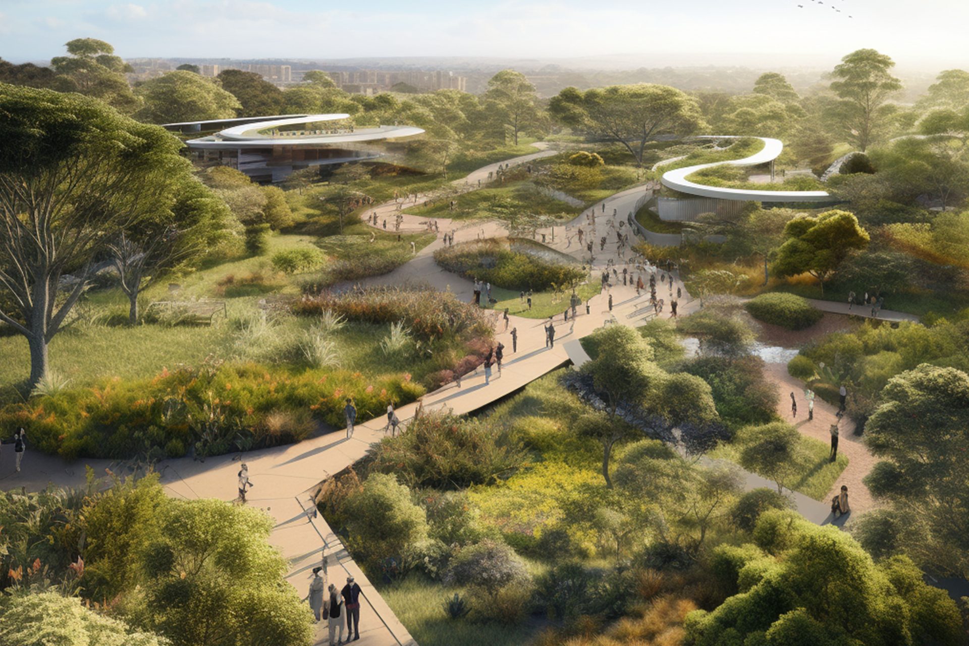 An aerial view of a lush, park-like landscape in Rocksberg showcases winding pathways and two modern, curved buildings. People leisurely walk and gather on the paths surrounded by trees, gardens, and open spaces. The well-executed masterplan blends nature with urban elements under a clear sky.