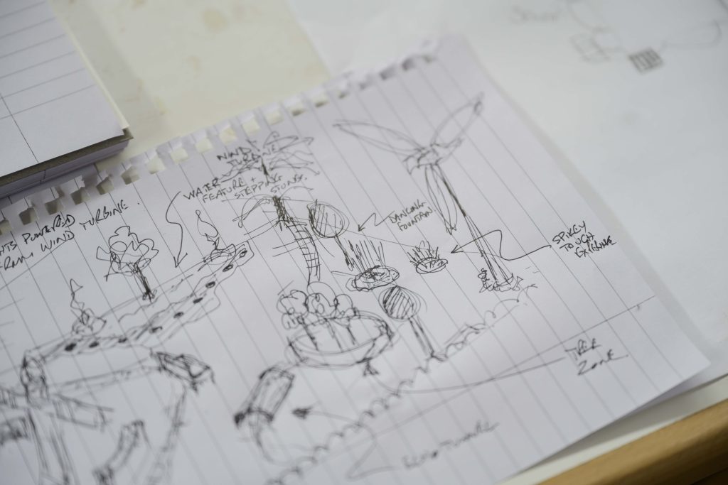 An open sketchbook is shown, featuring detailed hand-drawn sketches of various structures, including wind turbines, buildings, and pathways. The paper is slightly curled, and additional sheets with faint sketches are visible in the background—potential designs from Future Landscape Architects at the National Saturday Club.