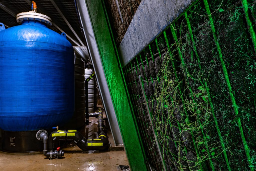 Interior view of a vertical farming facility. A large blue water tank and other containers are positioned on the left, while the right features a wall of green plants thriving under artificial lighting. Highlighting sustainability, this industrial area showcases eco-friendly practices despite its wet environment.