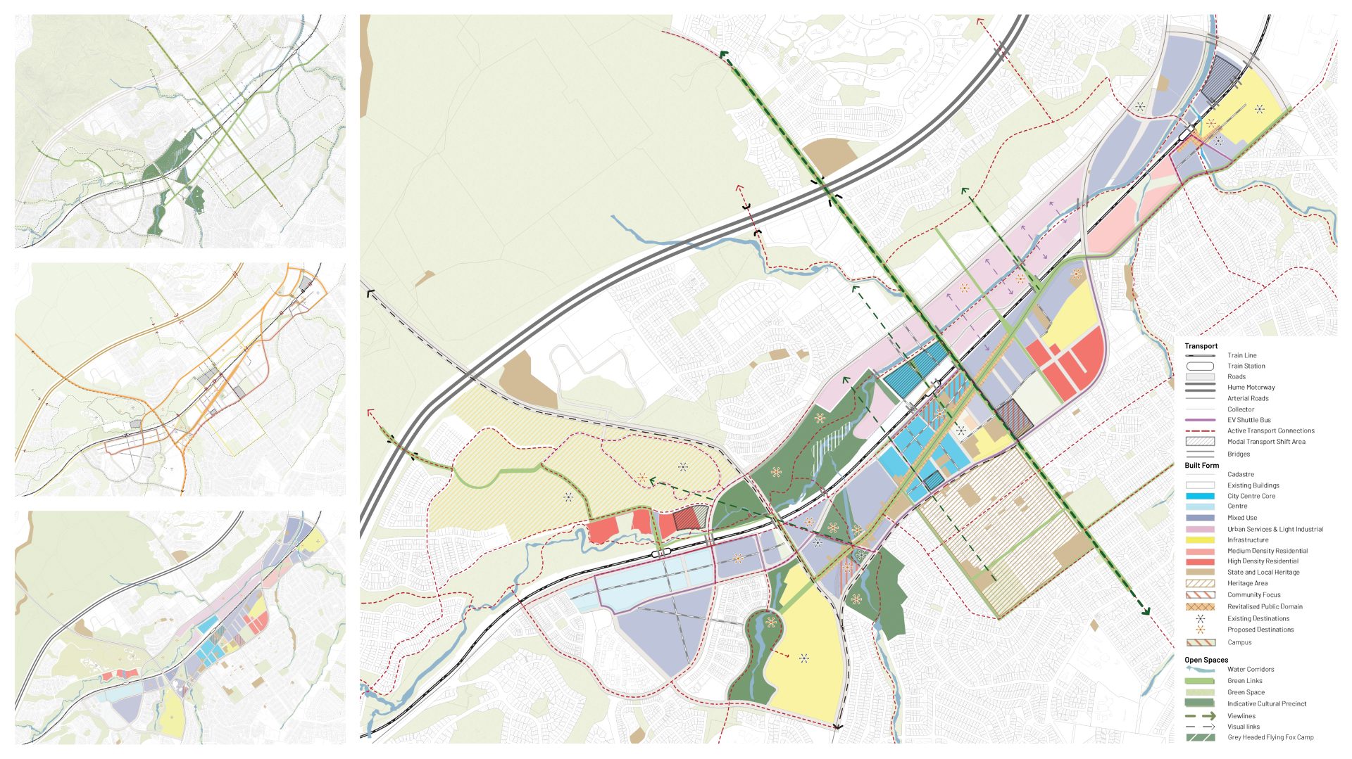 A detailed urban planning map for the Campbelltown City Centre with sections labeled for transportation, land use, and key infrastructure. It features color-coded areas for residential, recreational, and industrial zones, along with roadways, green spaces, and public facilities. Insets show larger regional context within the Design Framework.