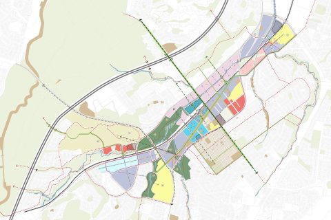 A detailed urban planning map of the Campbelltown City Centre shows various zones and land uses in different colors. The map includes main roads, green spaces, residential areas, and commercial districts. Multiple lines indicate transportation routes, with Gateway 1 marking a key entry point and a river running through the area.