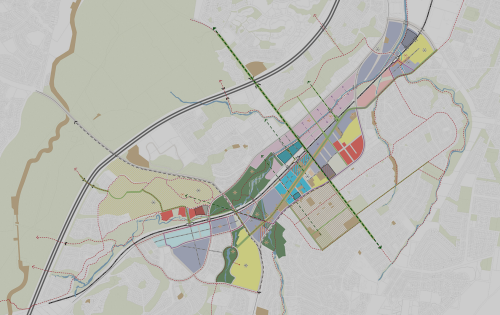 An urban planning map of Campbelltown displays the city's layout, including roads, residential areas, commercial zones, parks, and transportation routes. Color-coded sections denote different land uses while green lines represent major transit pathways intersecting the City Centre.