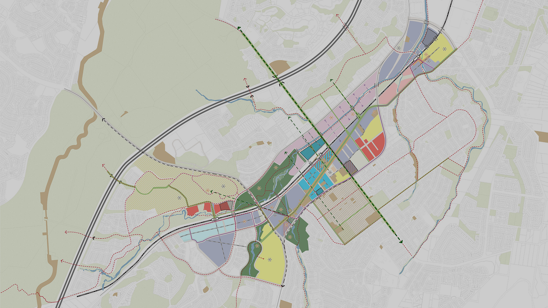 An urban planning map of Campbelltown displays the city's layout, including roads, residential areas, commercial zones, parks, and transportation routes. Color-coded sections denote different land uses while green lines represent major transit pathways intersecting the City Centre.