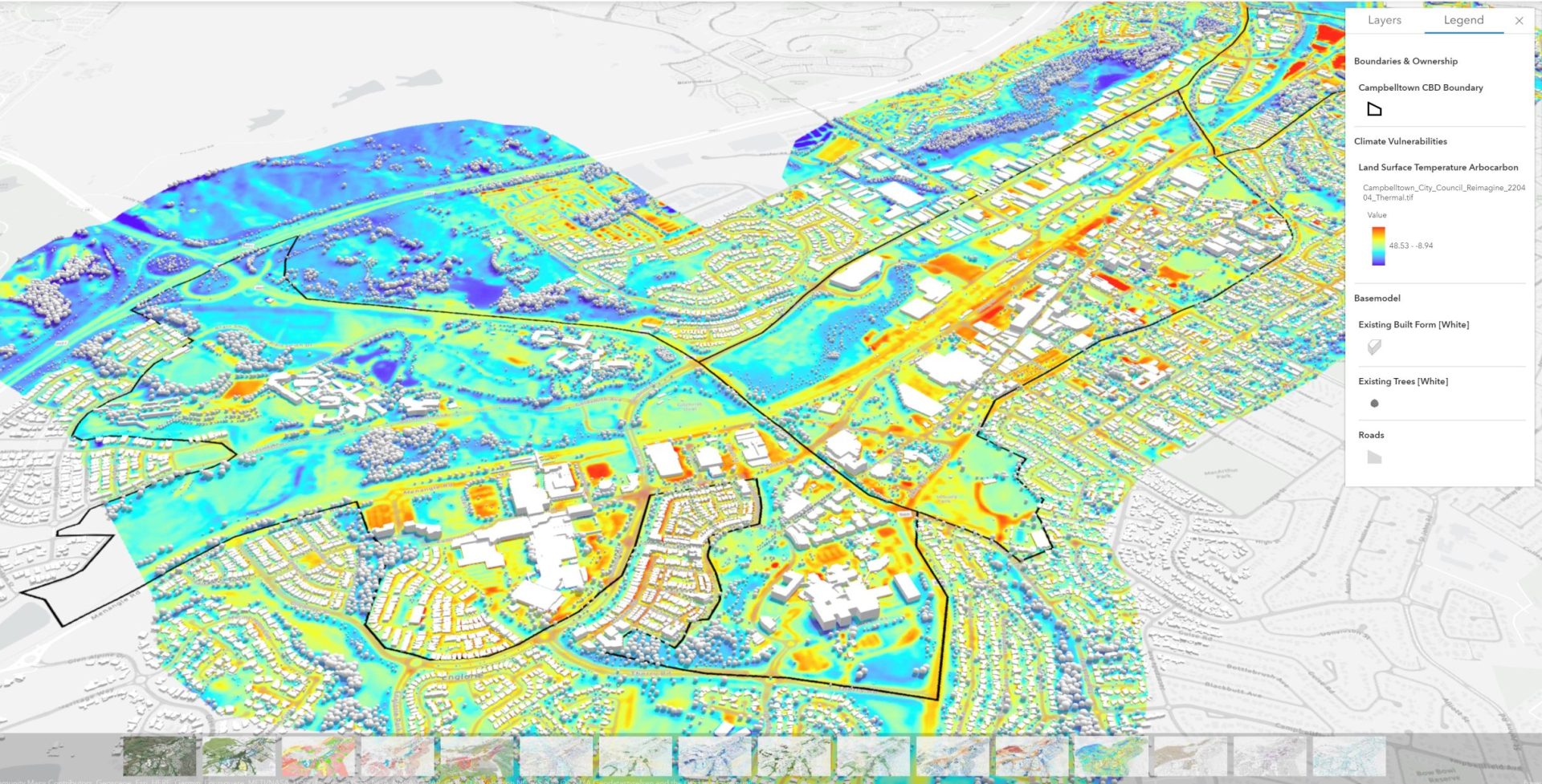 A detailed, color-coded 3D topographical map of the Campbelltown City Centre, displaying various elevations and land uses. Roads, buildings, and water bodies are marked. A sidebar lists layers such as land cover and elevation with options to adjust visibility, in line with the Design Framework guidelines.