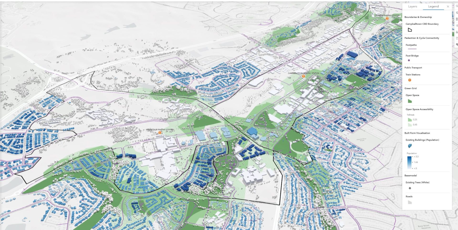 A page from a report titled "12 Open Space Accessibility" features a detailed map. The map shows walking distance analyses (200m and 400m) from open spaces near Campbelltown City Centre, with areas differentiated by color based on population density. A legend on the right explains the color codes.