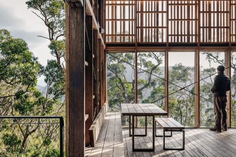 A person stands inside a wooden structure with large windows, looking out at a lush, green forest. The space, honored with dual accolades in this year's International Architecture Awards, features wooden tables and benches. Sunlight filters through the trees, creating a serene, natural atmosphere.