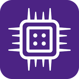 A purple square icon featuring a white stylized microchip design. The chip has jagged edges and four dots in the center, symbolizing its core or processing unit, making it an ideal representation for smart home technology.