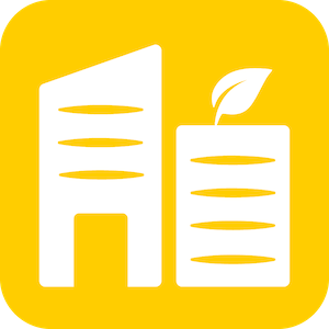 White icon on a yellow background depicting two abstract buildings, one taller with three horizontal slots and a larger opening at the bottom, and the other shorter with four horizontal slots, topped with a single leaf, symbolizing home.