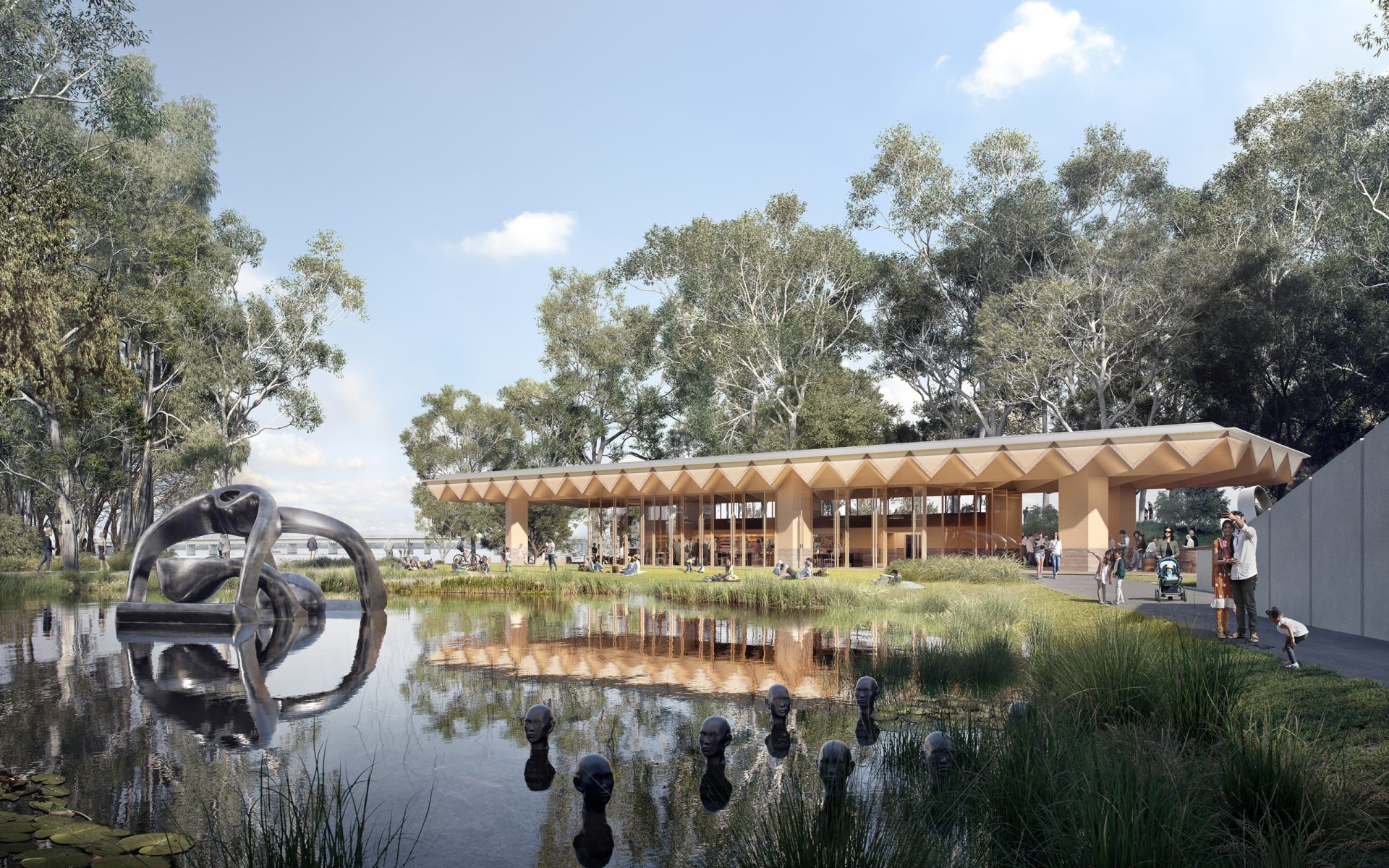 A modern pavilion with a zigzag roof by the pond in the Sculpture Garden at the National Gallery of Australia. People gather outside as large sculptures emerge from the water, and a clear blue sky stretches overhead, reminiscent of an award-winning design competition entry.