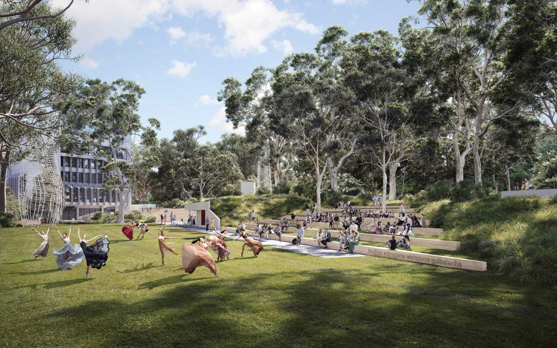 A lush park scene with a modern, glass-fronted building on the left features a Sculpture Garden. People sit on stepped seating, enjoying a performance by dancers in colorful costumes. Tall trees surround the area, providing a tranquil, natural backdrop.