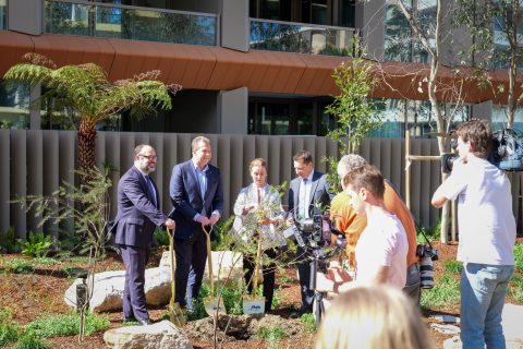 A group of people, including several in suits, participate in the official opening ceremony of Henderson Park by NINE by Mirvac. Photographers capture the event as they plant trees and greenery outside a modern building.