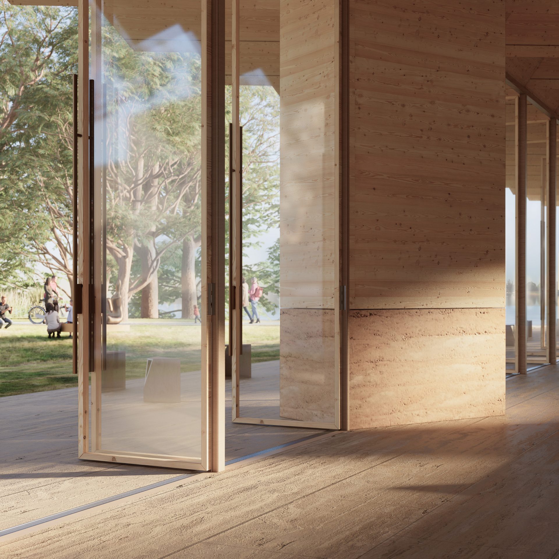 The modern wooden interior, possibly a contender in a design competition, features large glass doors opening to a view of a tree-filled park near the National Gallery of Australia. Sunlight casts playful shadows on the floor, with people meandering outside, enhancing the serene and inviting atmosphere.