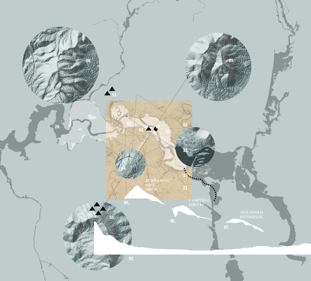 Abstract map with textured circular insets highlighting different terrains by Clare Mayberry. It includes labeled points, zigzag lines, and a beige square in the center. The background is in muted blue-gray tones with outlines of water bodies.