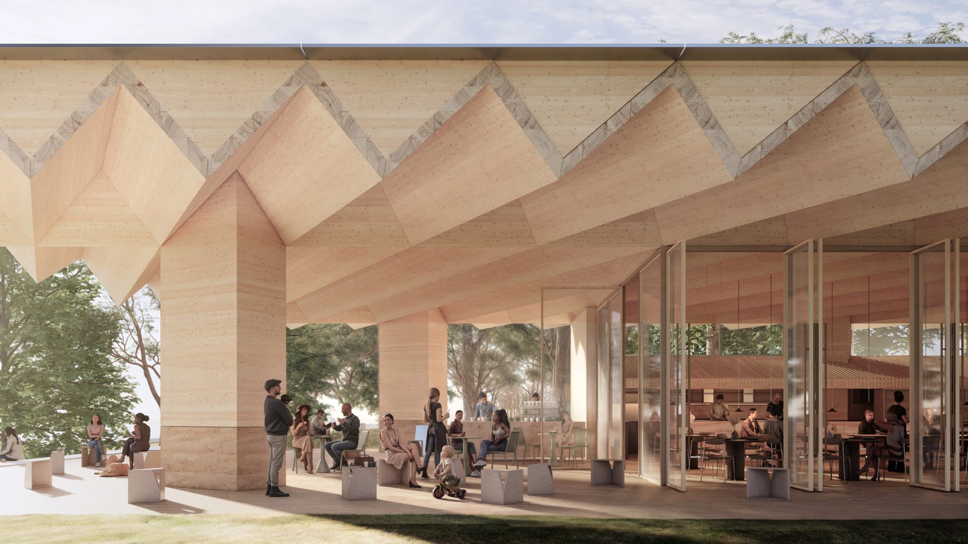 A modern outdoor café with wooden angular roof designs, reminiscent of a design competition entry, sees patrons enjoying drinks and conversation. Nestled amid trees near the National Gallery of Australia, it offers a cozy and natural atmosphere under the open sky.