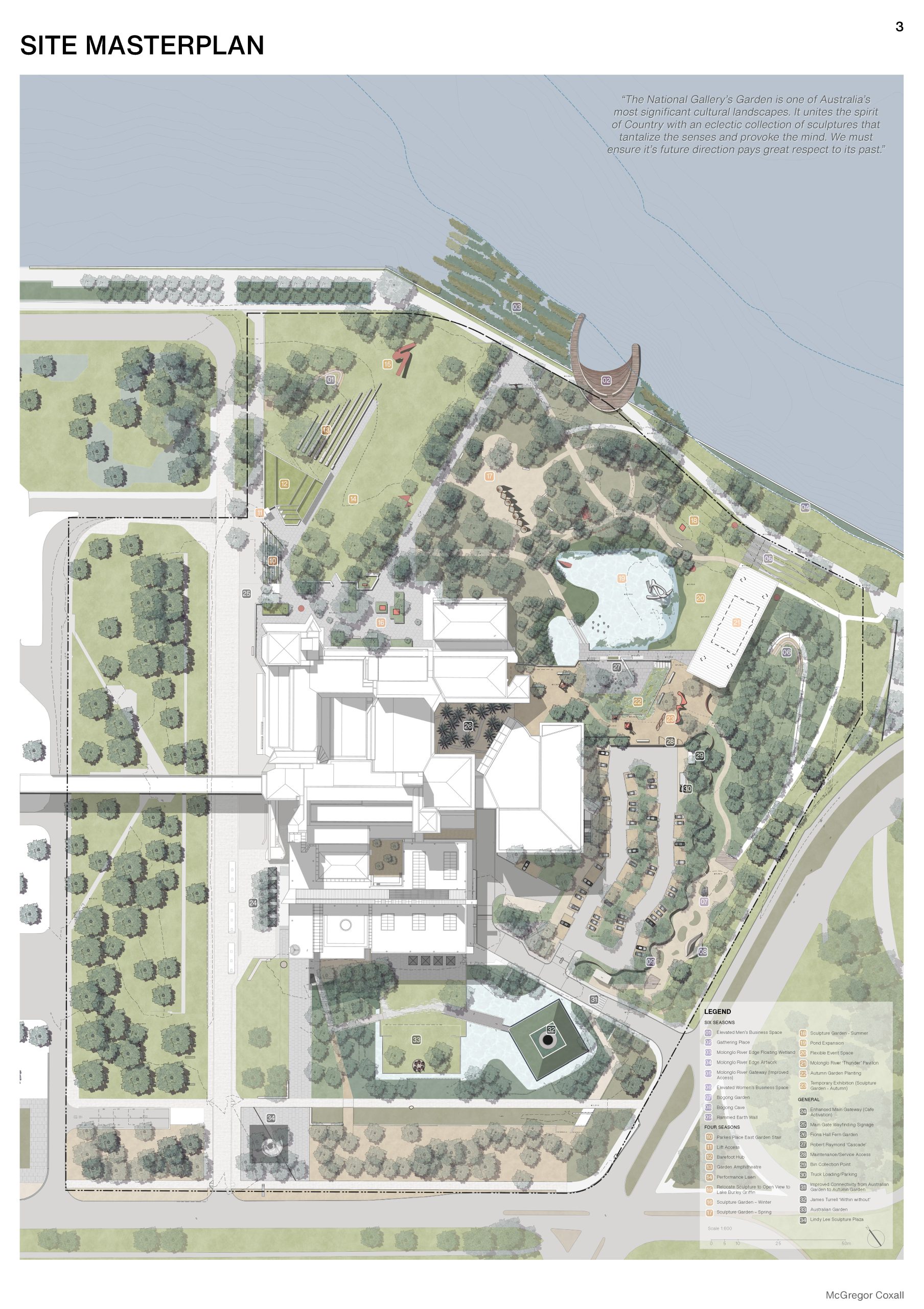 Site masterplan of the National Gallery's Sculpture Garden. Features include landscaped areas, pathways, ponds, and sculptures near a waterfront. Buildings and green spaces are integrated throughout, with a detailed legend at the bottom right corner.