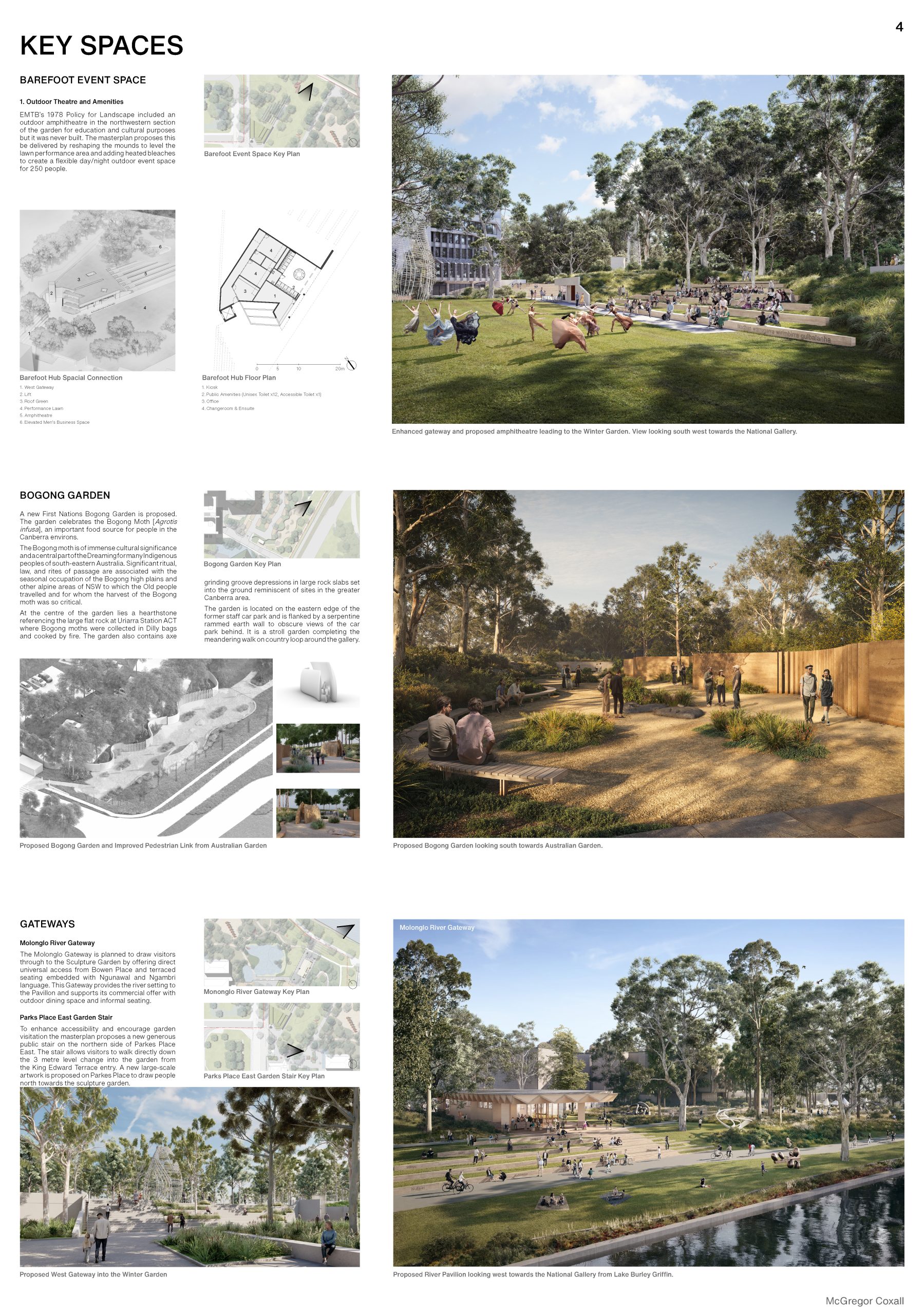 Architectural design board featuring outdoor spaces, including a Sculpture Garden. It offers detailed plans, text descriptions, and visual renderings of event areas, gardens, and scenic paths at the National Gallery of Australia, with people enjoying activities amidst greenery and tall trees.