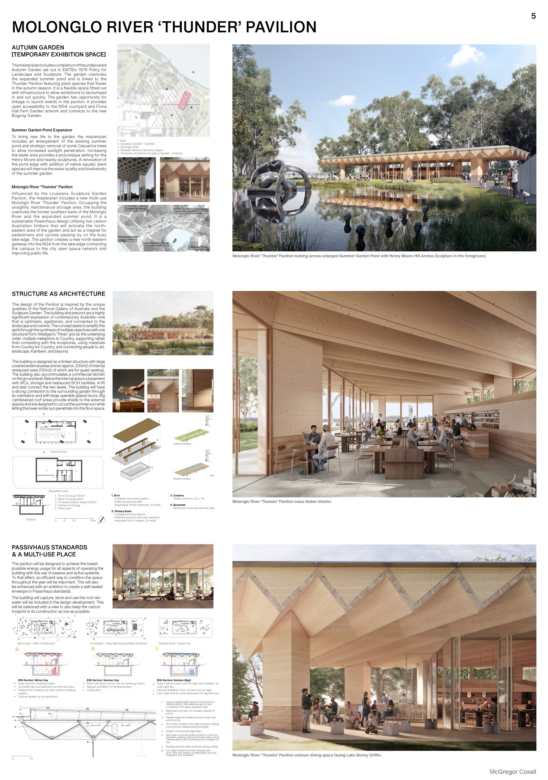 Architectural presentation board for the Molonglo River 'Thunder' Pavilion, part of a prestigious design competition, features images and plans. Highlights include a pavilion by water, wooden beam interiors, and detailed schematics, seamlessly integrating with nature like a sculpture garden.