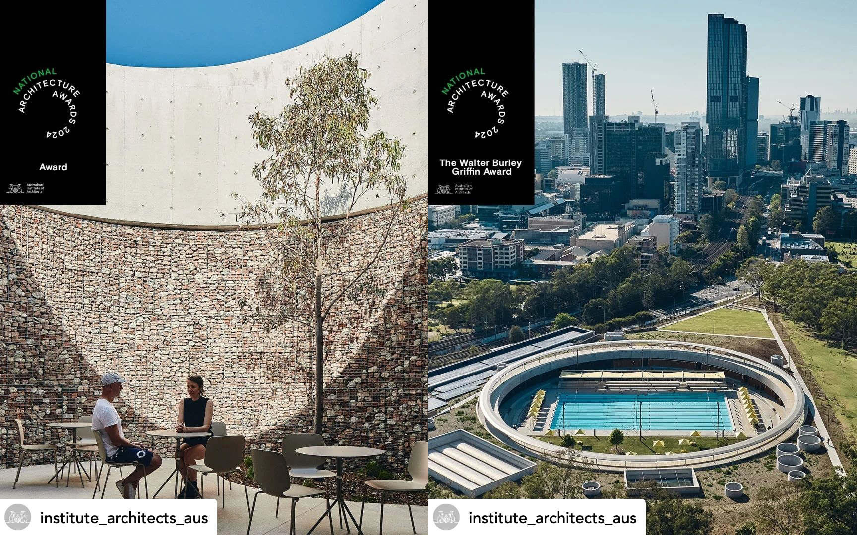 Left image: Two people sitting at a table in an outdoor space with a curved brick wall and a tree. Right image: Aerial view showcasing bold pool architecture, where the circular building stands as a leader in architecture amidst towering skyscrapers and lush greenery.